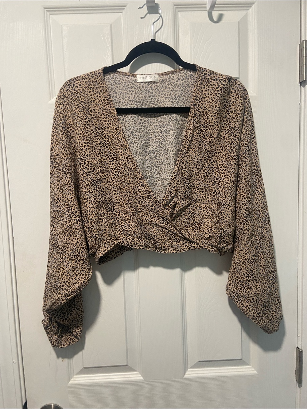 vestique Taupe and Black Leopard Print Cropped Wrap Blouse